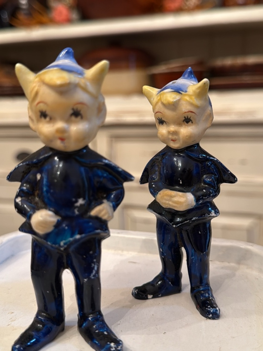 Vintage Ceramic Elf Figurine Pair in Navy Blue s and p